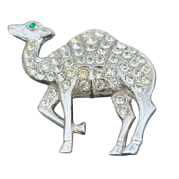 Jewelry - Vintage ORA Rhinestone Camel Brooch Silver Tone Green Eye Figural Pin MCM